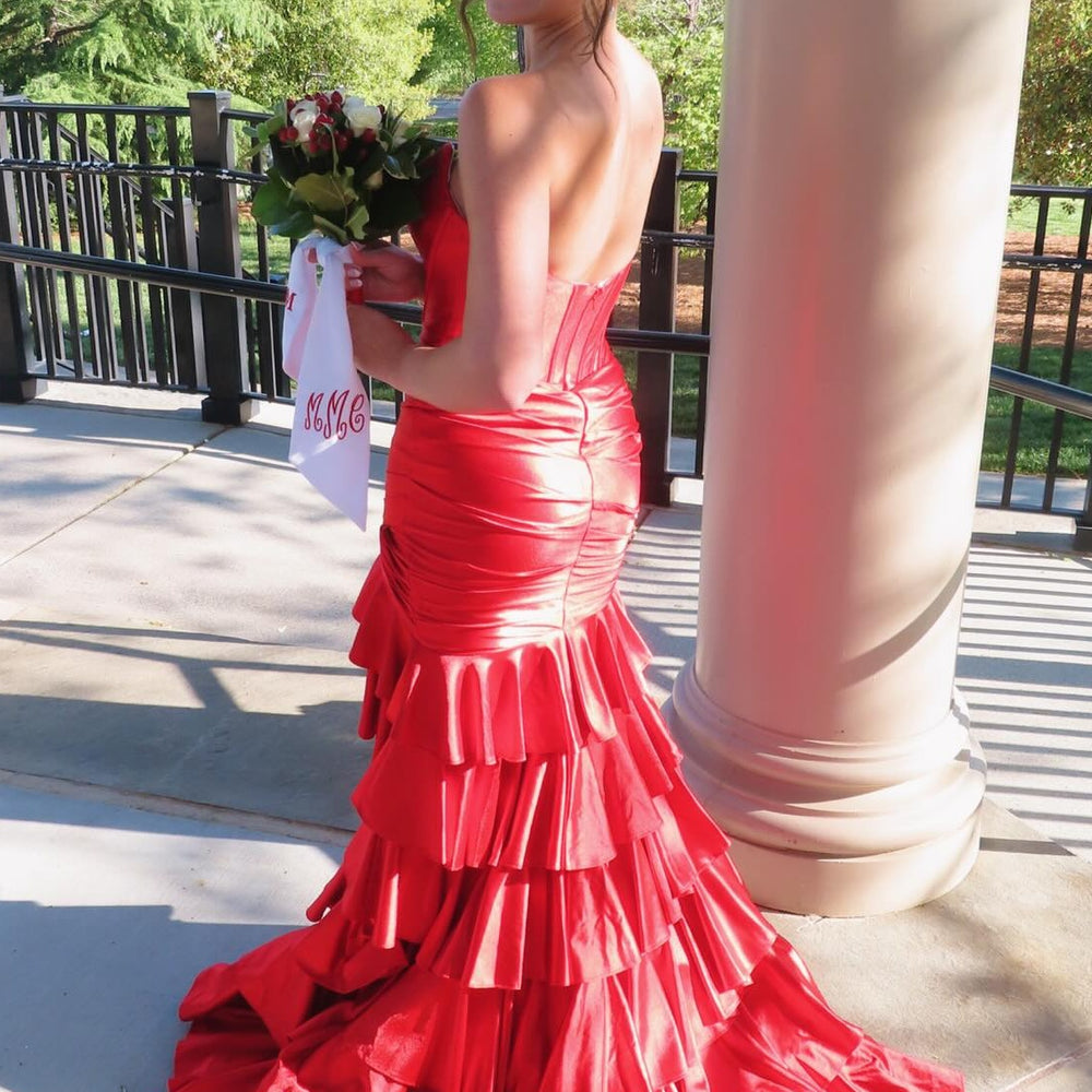 
                      
                        Strapless Royal Blue Tiered Long Dress with Slit
                      
                    