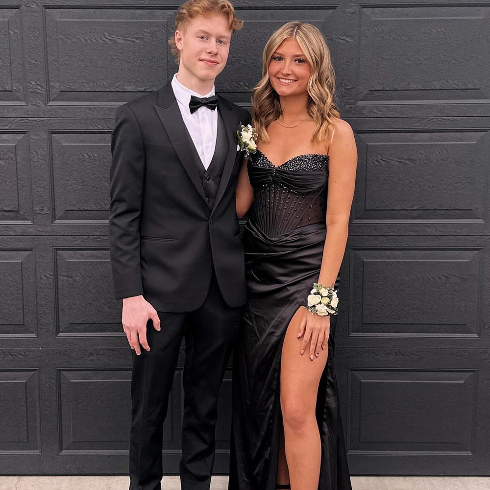 
                      
                        Strapless Blue Beaded Long Dress with Slit
                      
                    