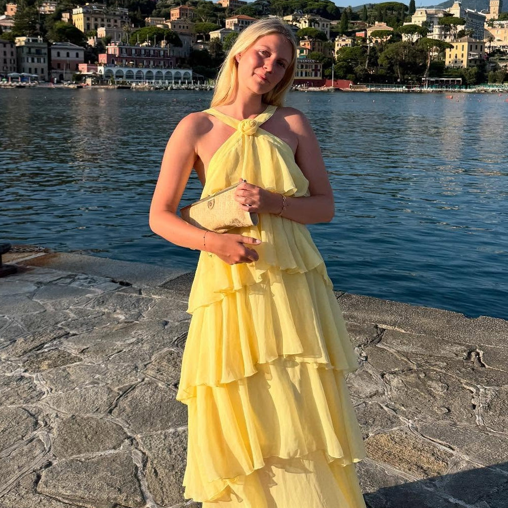 
                      
                        Pink Tiered A-line Long Dress with Rosette
                      
                    