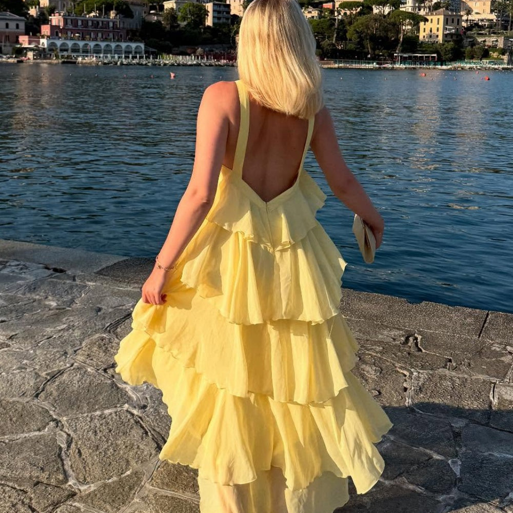 
                      
                        Pink Tiered A-line Long Dress with Rosette
                      
                    