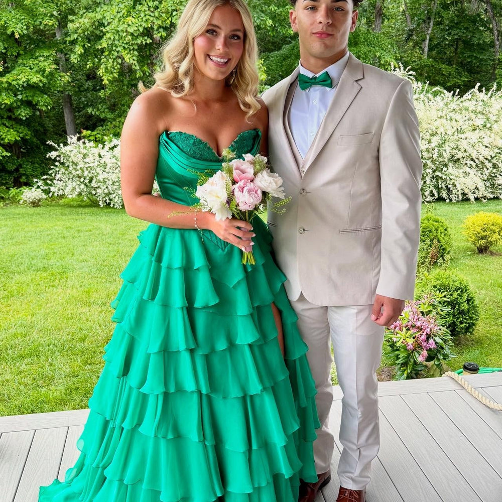 
                      
                        Strapless Navy Blue Appliques Tiered Long Dress with Slit
                      
                    