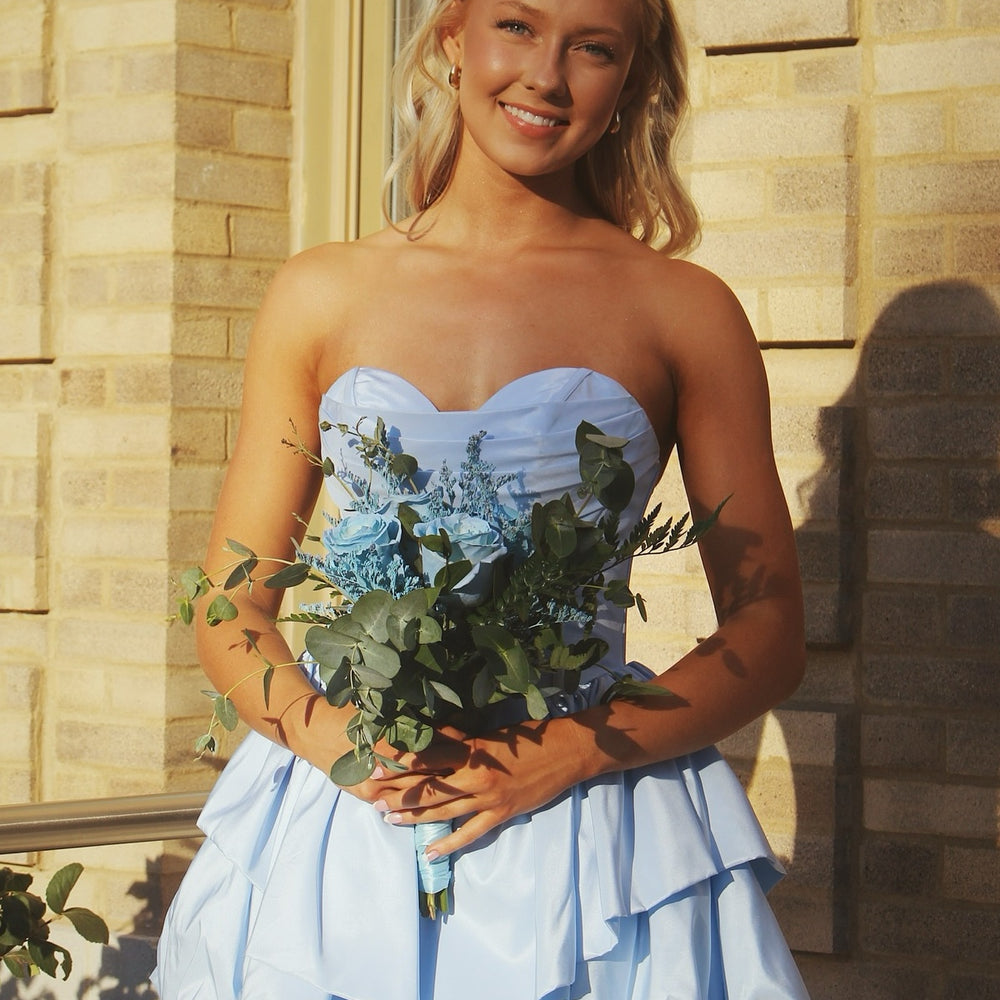 
                      
                        Strapless Purple Ruffle Tiered Short Dress
                      
                    
