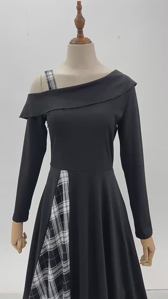 
                      
                        Load and play video in Gallery viewer, Black 1950s Plaid Lrregular Shoulder Vintage Dress
                      
                    