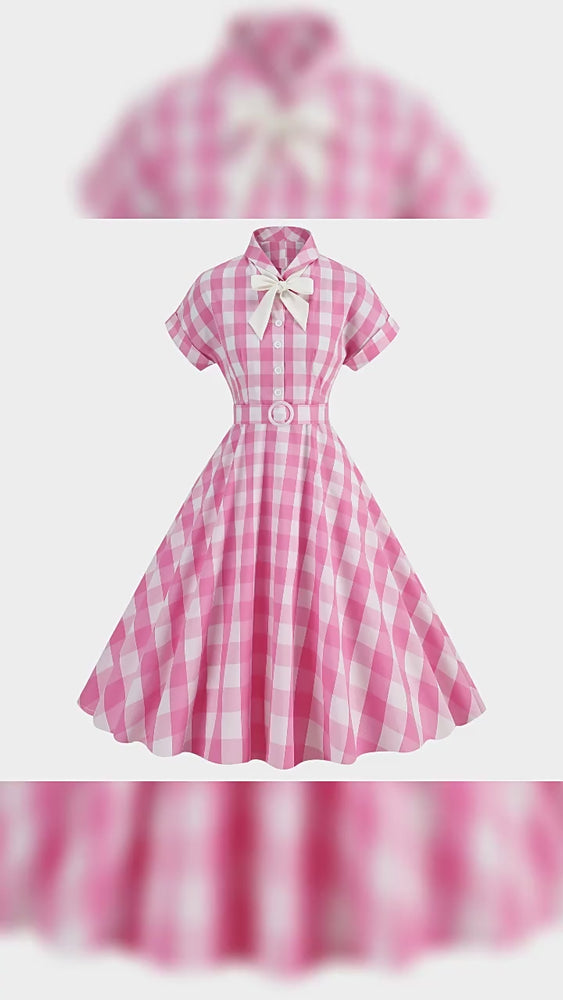 
                      
                        Load and play video in Gallery viewer, Pink 1950s Plaid Tie Neck Vintage Swing Dress
                      
                    