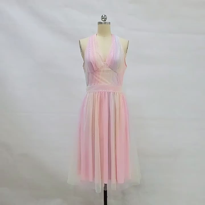 Rainbow 1950s Sparkle Mesh Halter Vintage Dress