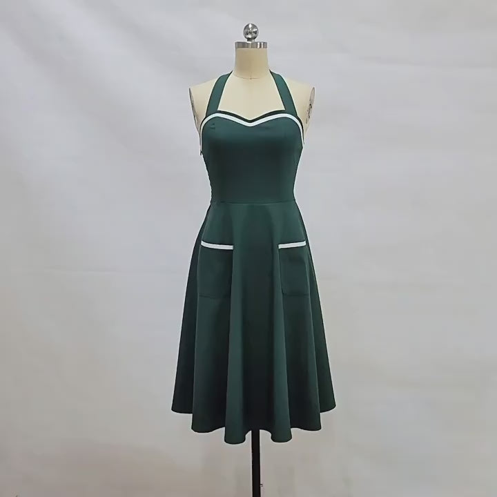 
                      
                        Load and play video in Gallery viewer, Pea Green 1950s Halter Swing Dress with Pockets
                      
                    