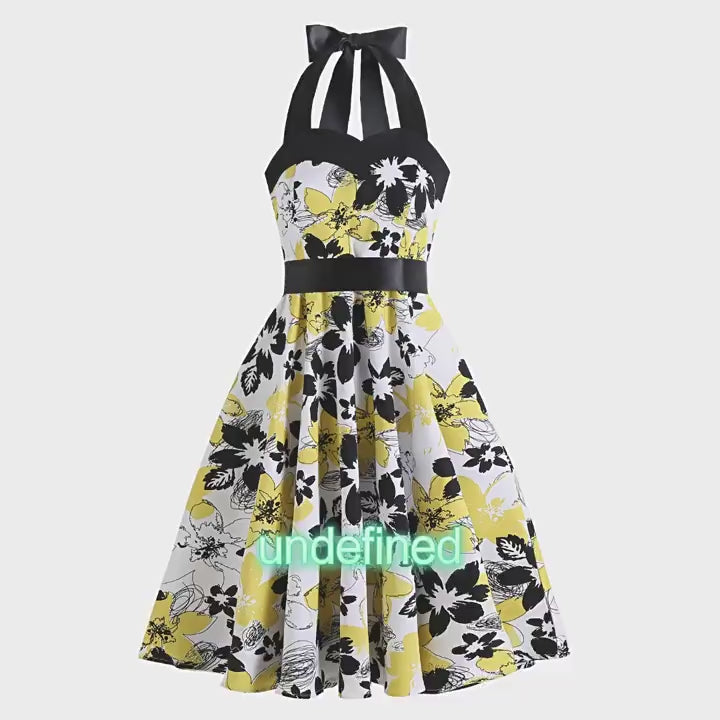 White 1950s Yellow Flower Halter Vintage Dress