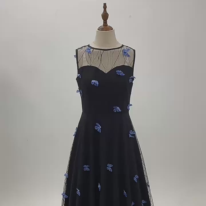 Black 1950s Butterfly Embroidery Mesh Vintage Dress