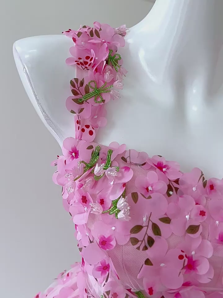 
                      
                        Load and play video in Gallery viewer, Straps Pink 3D Floral A-line Long Dress with Belt
                      
                    