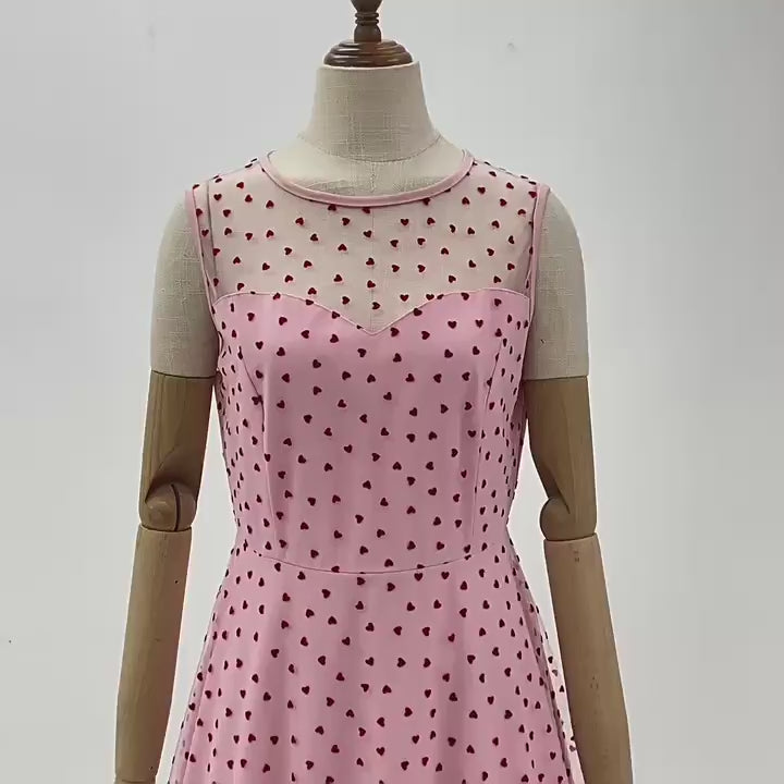 Pink 1950s Heart Mesh Round Neck Vintage Dress