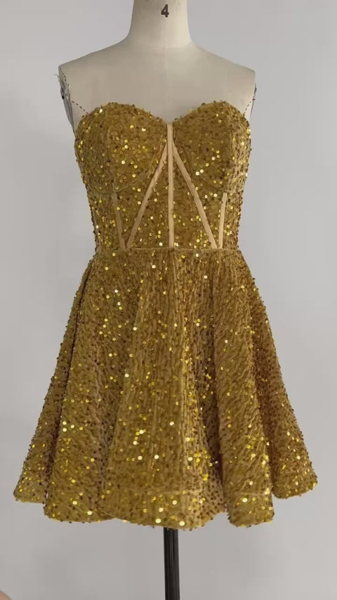 Sweetheart Golden Sequin A-line Short Dress