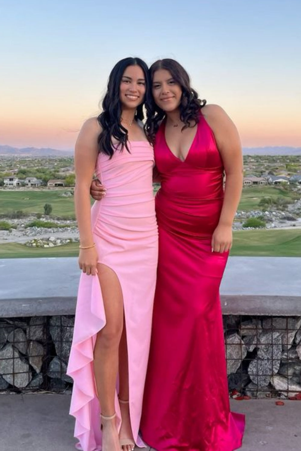 Full-Length Dress with Ruched Waist and Skirt Slit Papaya main image 1