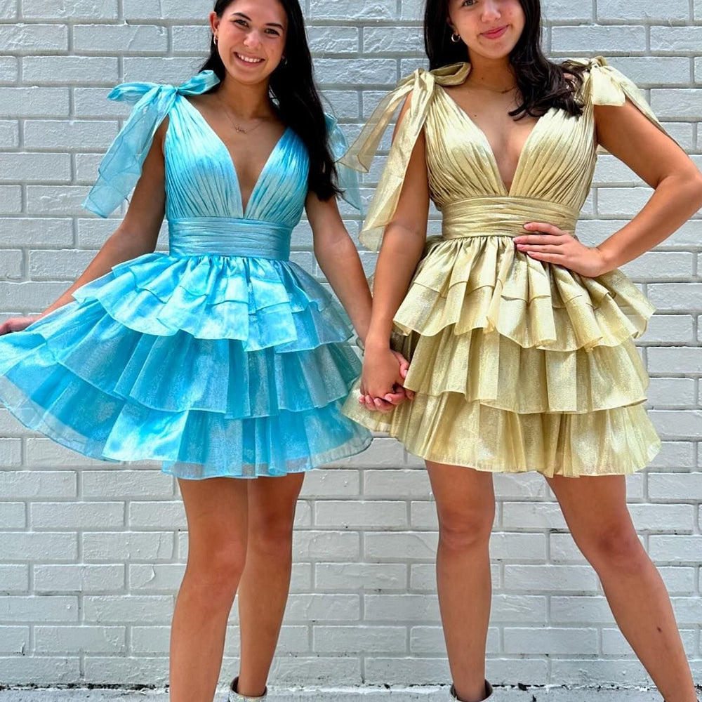 
                      
                        Plunge Neck Fuchsia Ruffle Tiered Short Dress
                      
                    