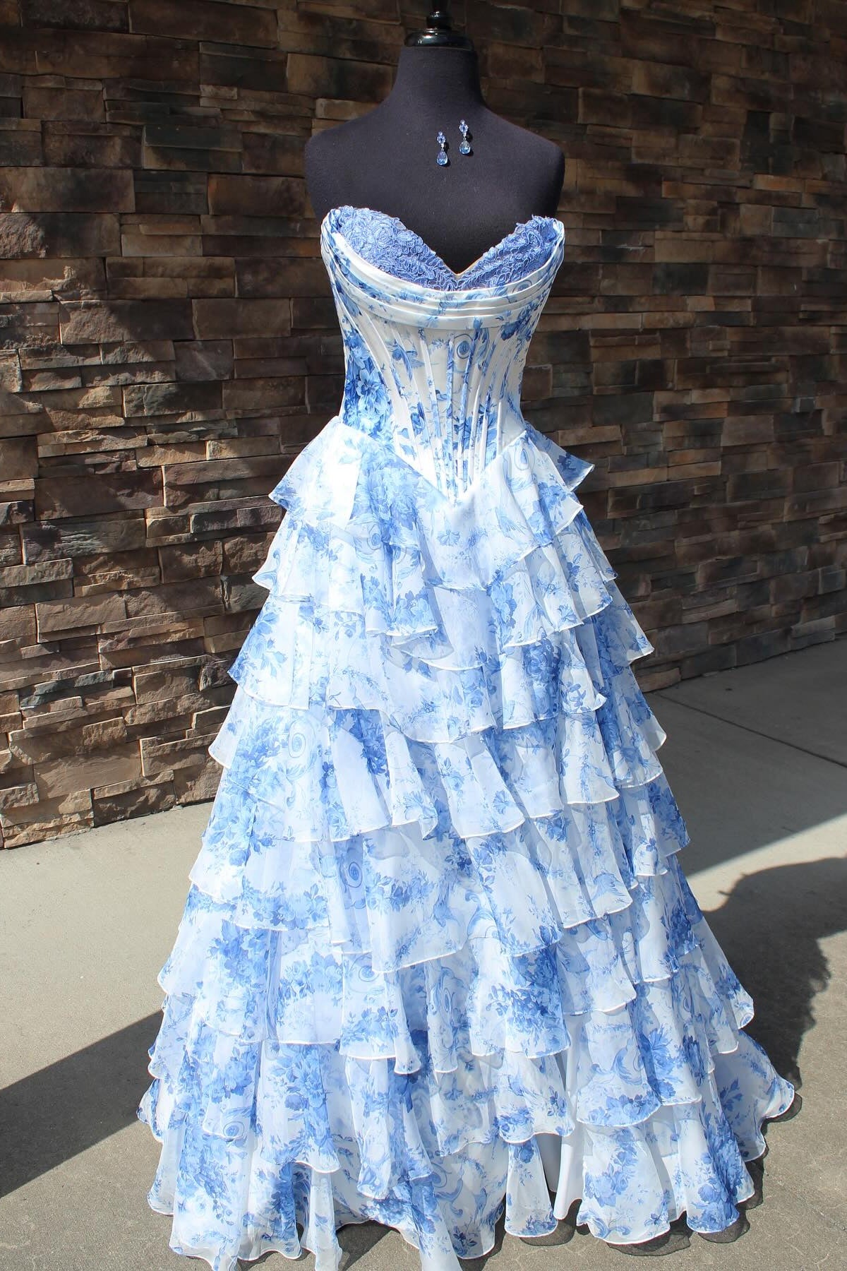 Strapless White and Blue Floral Print Tiered Long Dress – PollyBoutique
