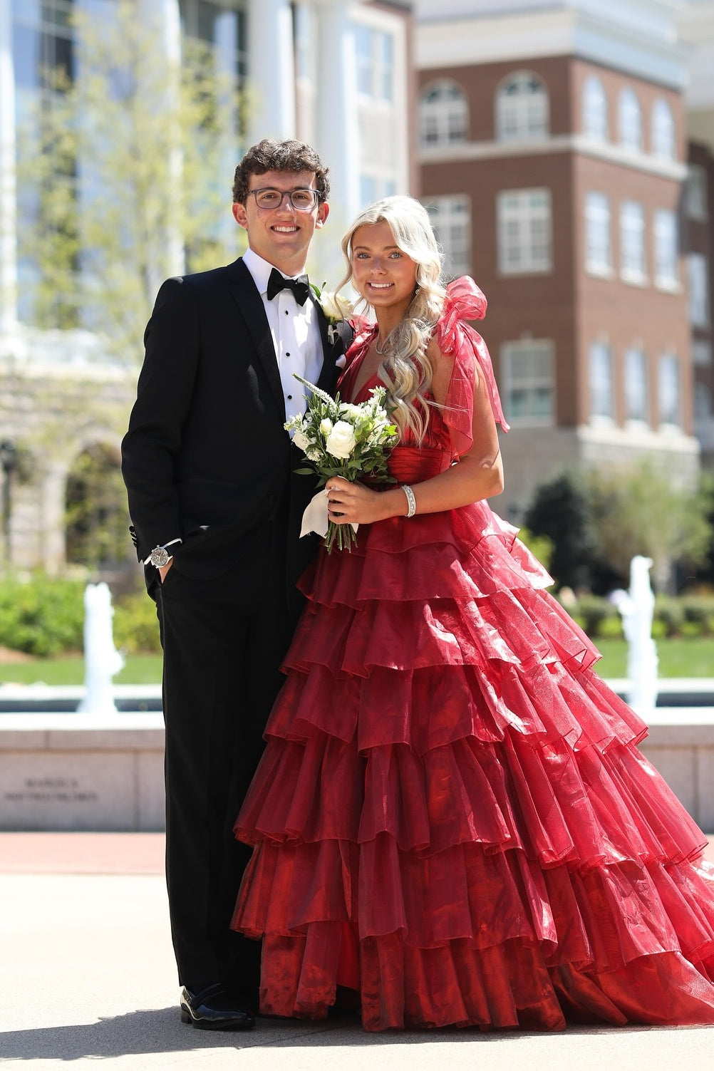 Bow Tie Fuchsia Tiered Long Dress with Slit – PollyBoutique