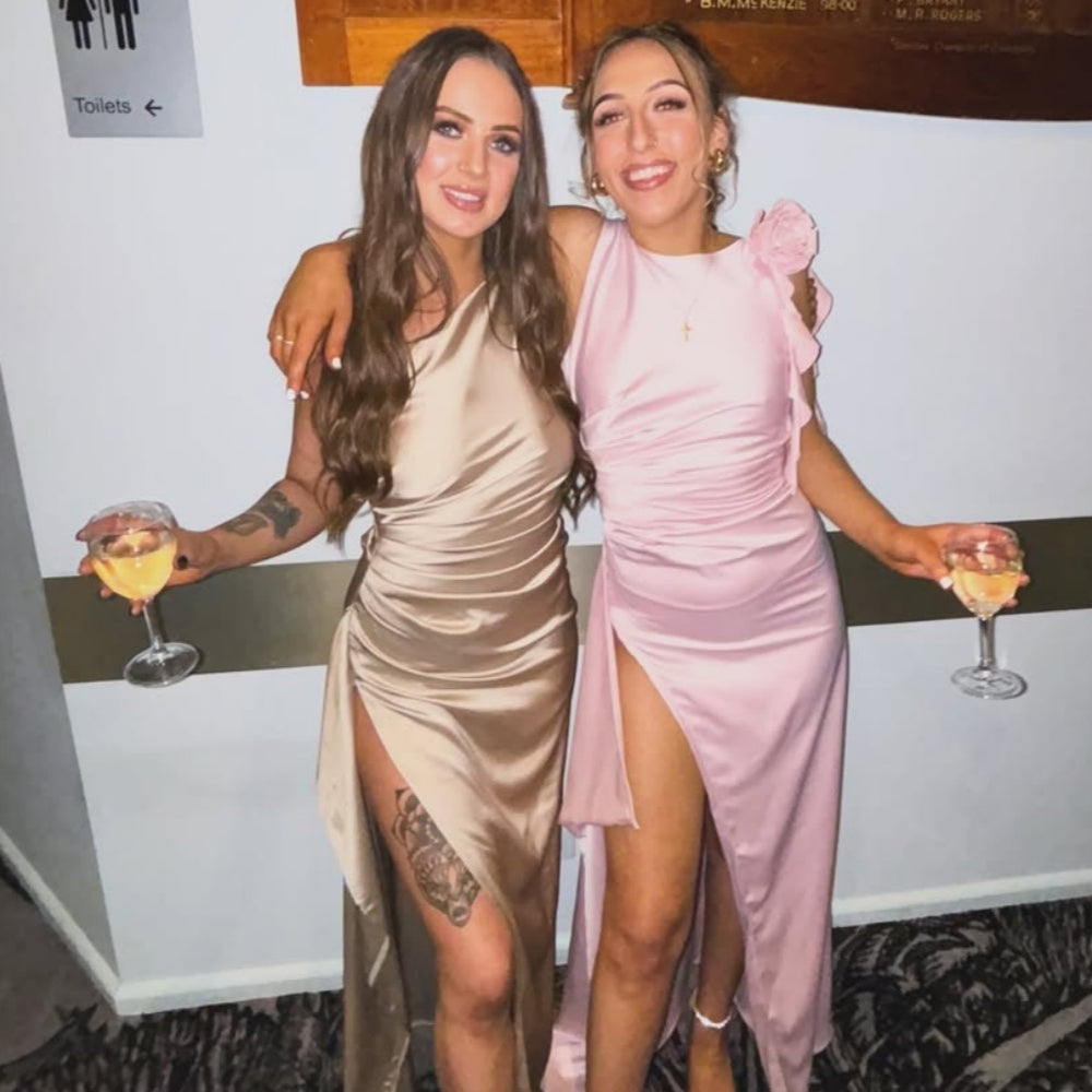 
                      
                        One Shoulder Blush Pink Ruched Long Dress with Slit
                      
                    