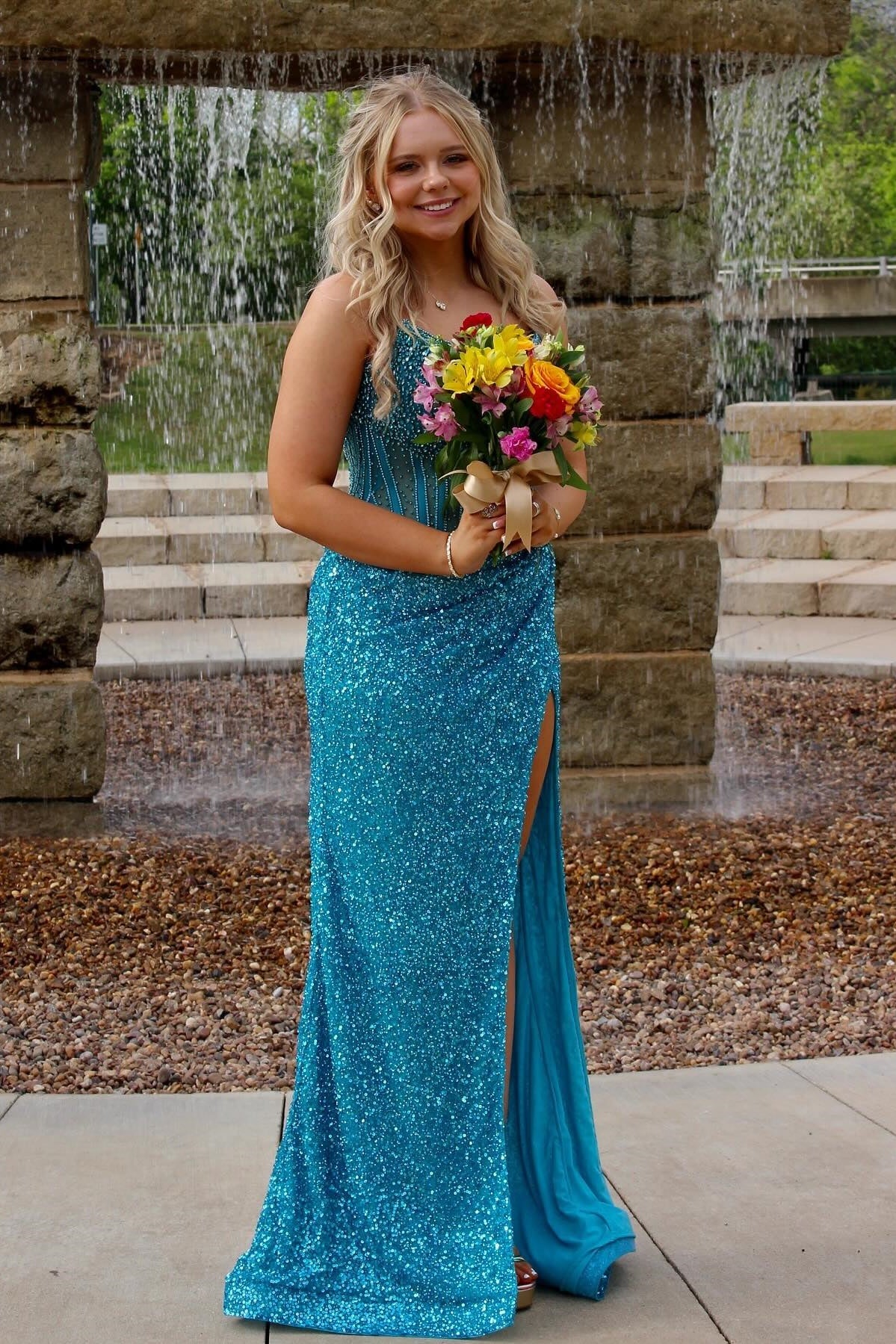 Strapless Pink Sequin Long Dress with Beaded PollyBoutique Strapless Pink Sequin Long Dress with Beaded PollyBoutique