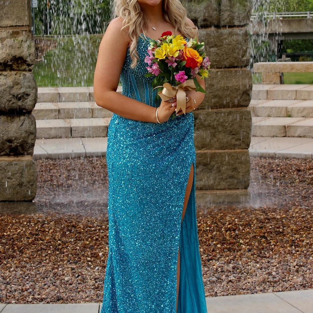 
                      
                        Strapless Pink Sequin Long Dress with Beaded
                      
                    