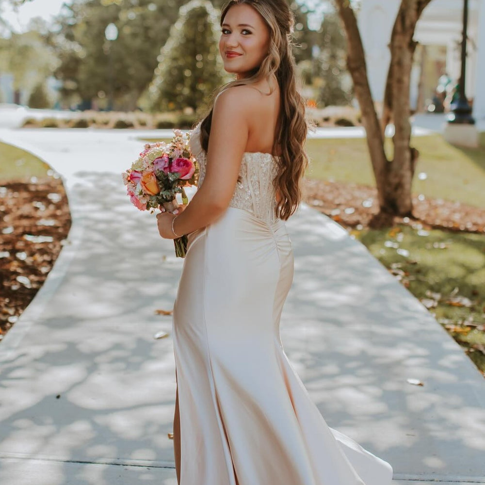 
                      
                        Strapless Royal Blue Appliques Long Dress with Slit
                      
                    