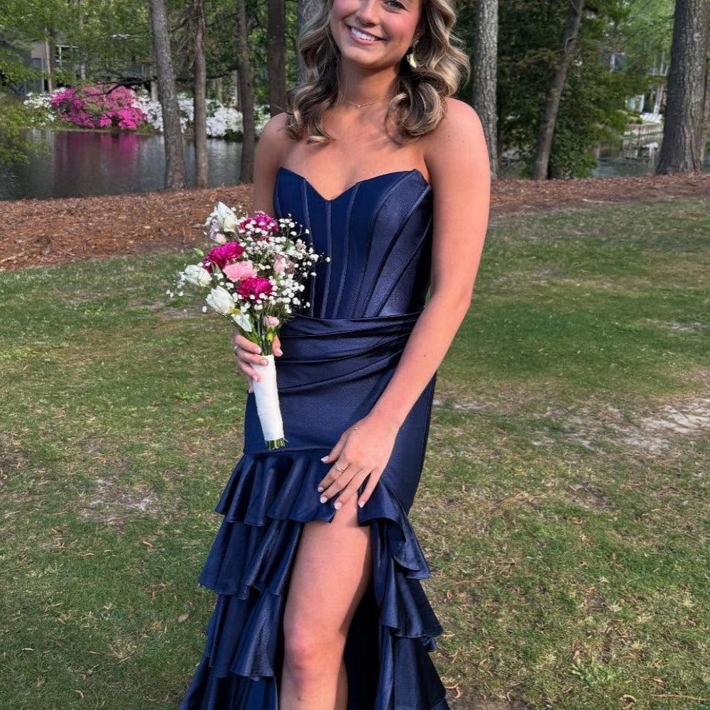 
                      
                        Strapless Royal Blue Tiered Long Dress with Slit
                      
                    
