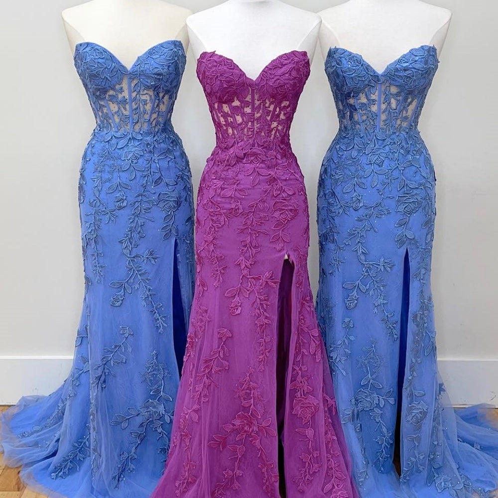 
                      
                        Strapless Yellow Lace Appliques Long Prom Dress
                      
                    