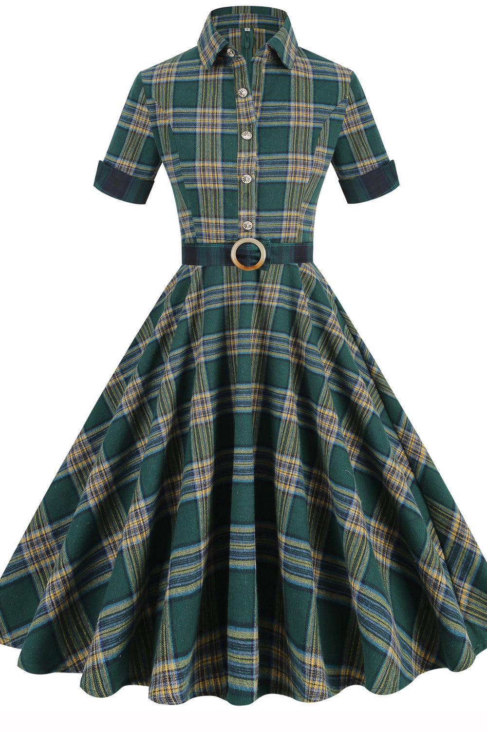 Green 1950s Plaid Belted Big Swing Dress