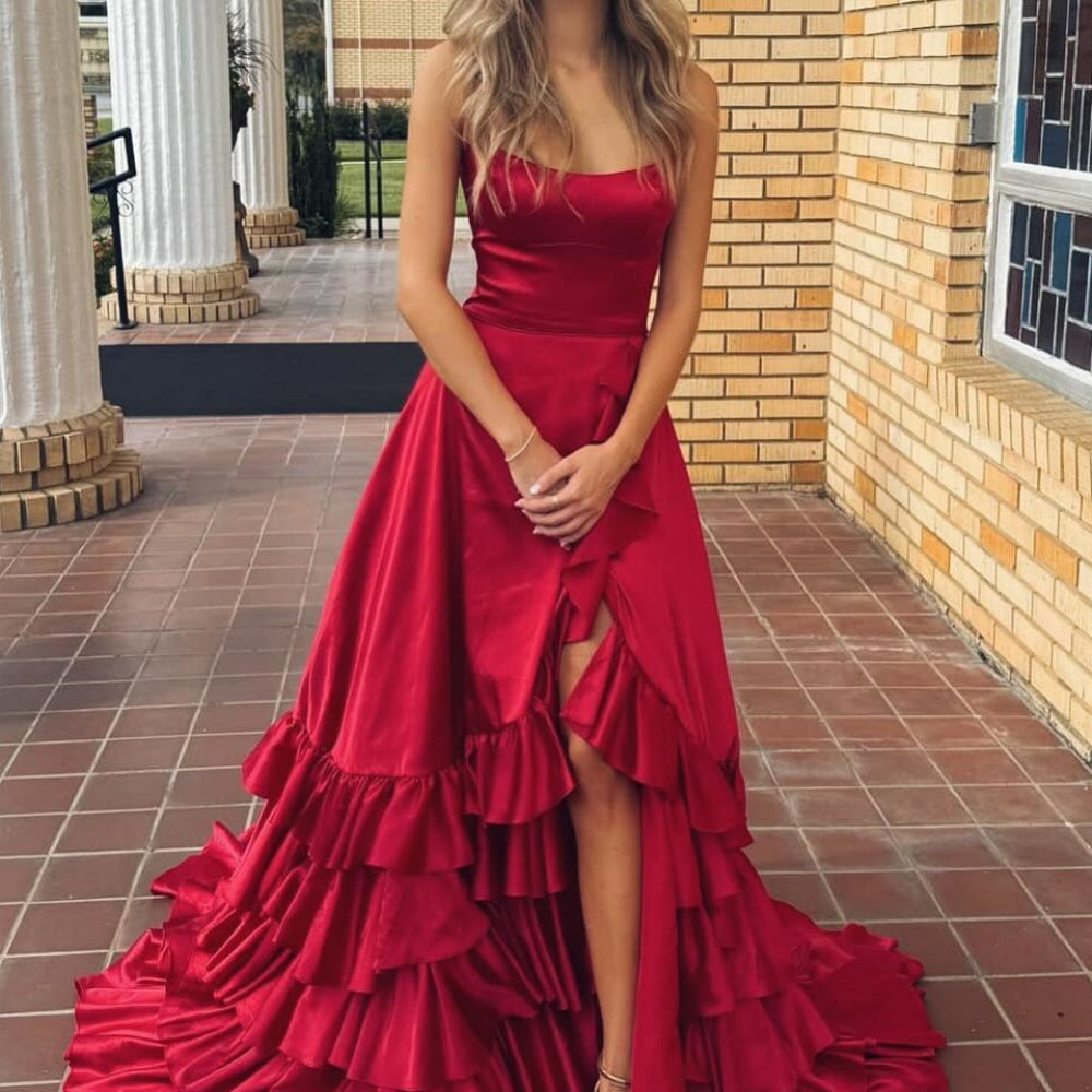 
                      
                        Straps Red Tiered Ruffle Satin Long Formal Dress
                      
                    