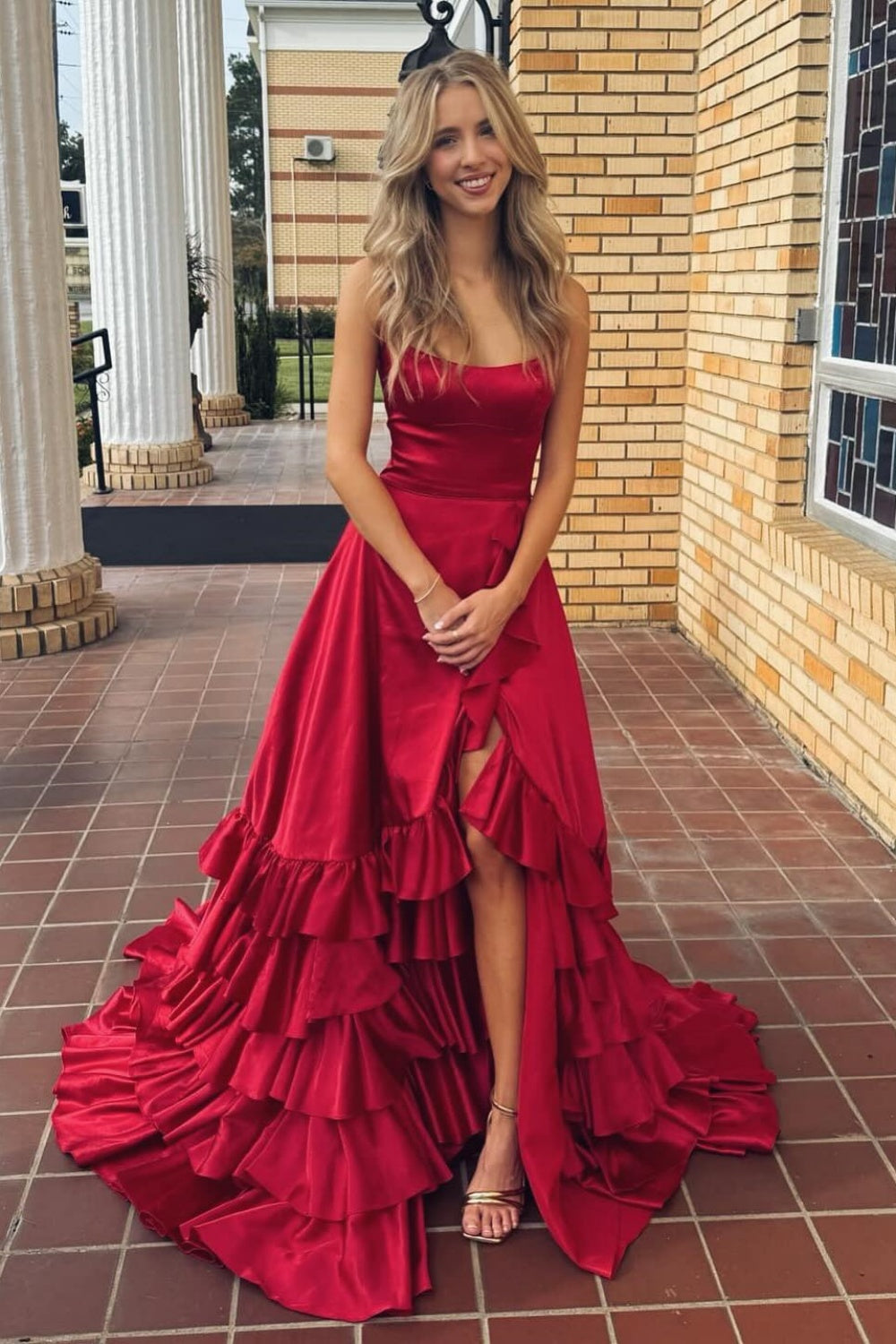 Straps Red Tiered Ruffle Satin Long Formal Dress PollyBoutique Straps Red Tiered Ruffle Satin Long Formal Dress PollyBoutique