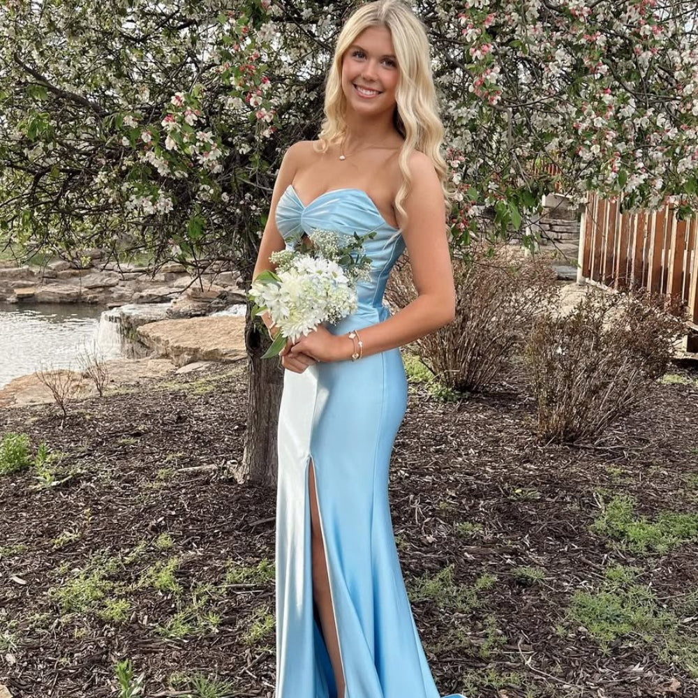 
                      
                        Strapless Pink Pleated Mermaid Long Dress with Keyhole
                      
                    