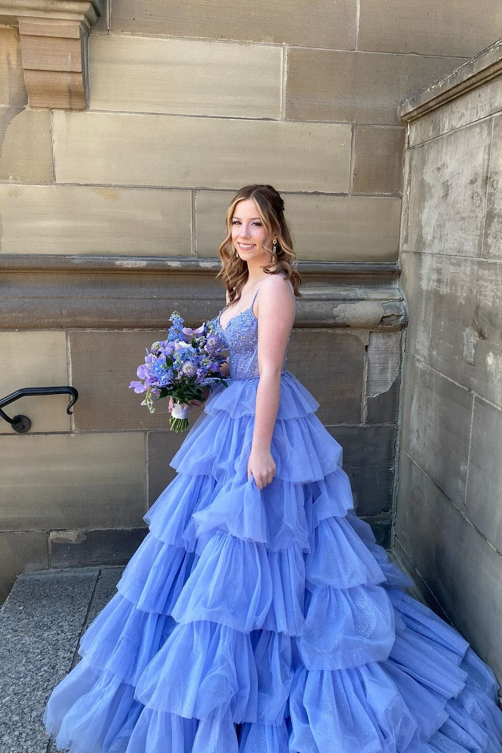 Double Straps Lavender Appliques Tiered Long Dress