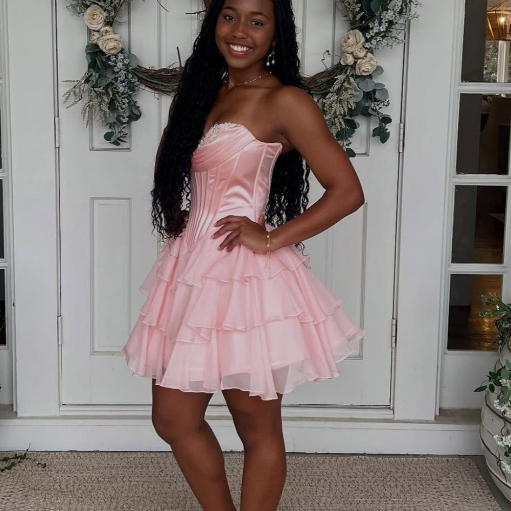 
                      
                        Strapless Yellow Appliques Neck Tiered Short Dress
                      
                    