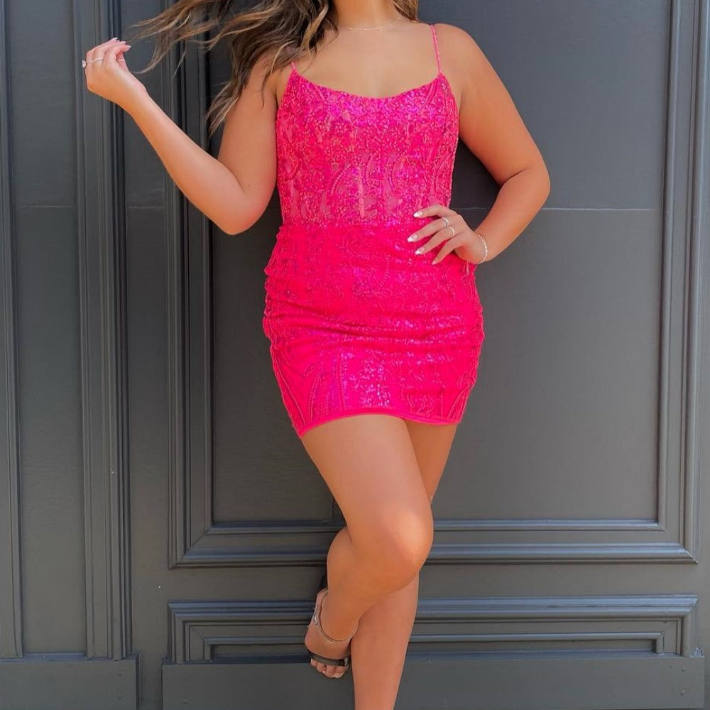 
                      
                        Spaghetti Straps Blue Appliques Short Dress
                      
                    